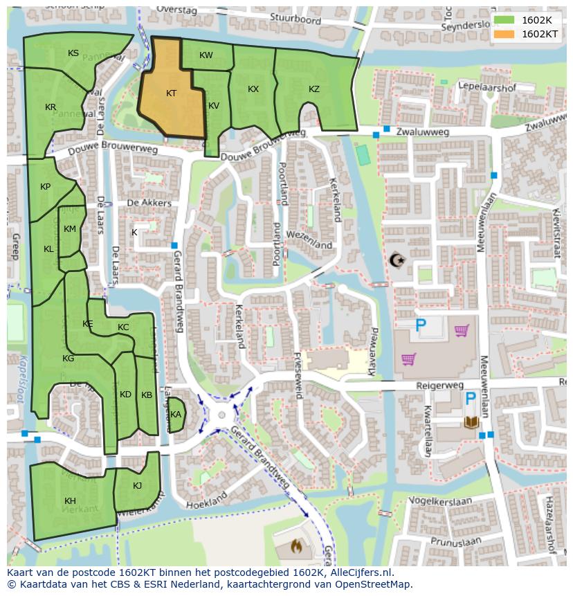 Afbeelding van het postcodegebied 1602 KT op de kaart.