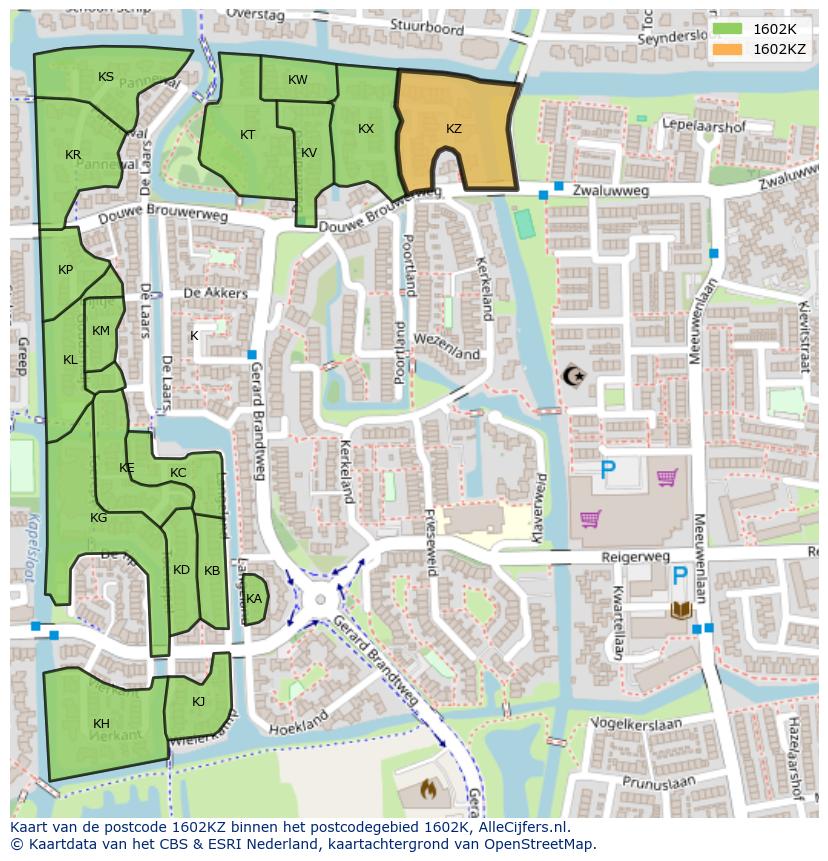 Afbeelding van het postcodegebied 1602 KZ op de kaart.