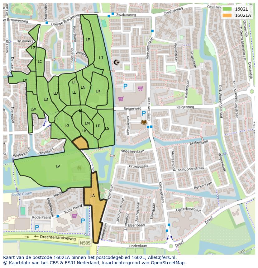 Afbeelding van het postcodegebied 1602 LA op de kaart.