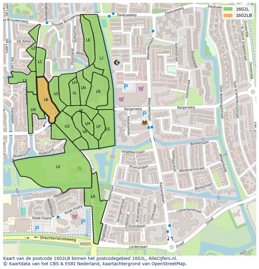 Afbeelding van het postcodegebied 1602 LB op de kaart.