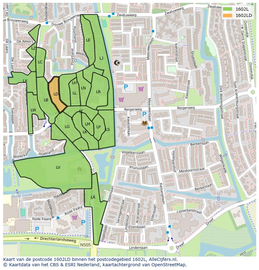 Afbeelding van het postcodegebied 1602 LD op de kaart.