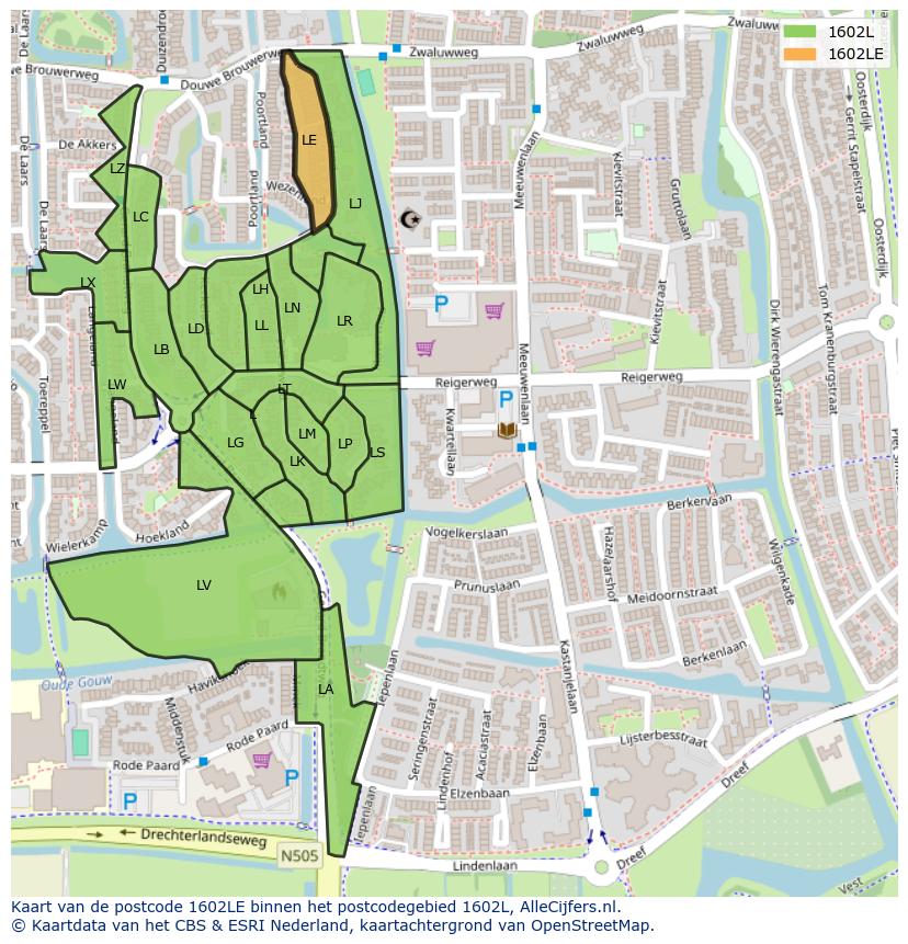 Afbeelding van het postcodegebied 1602 LE op de kaart.