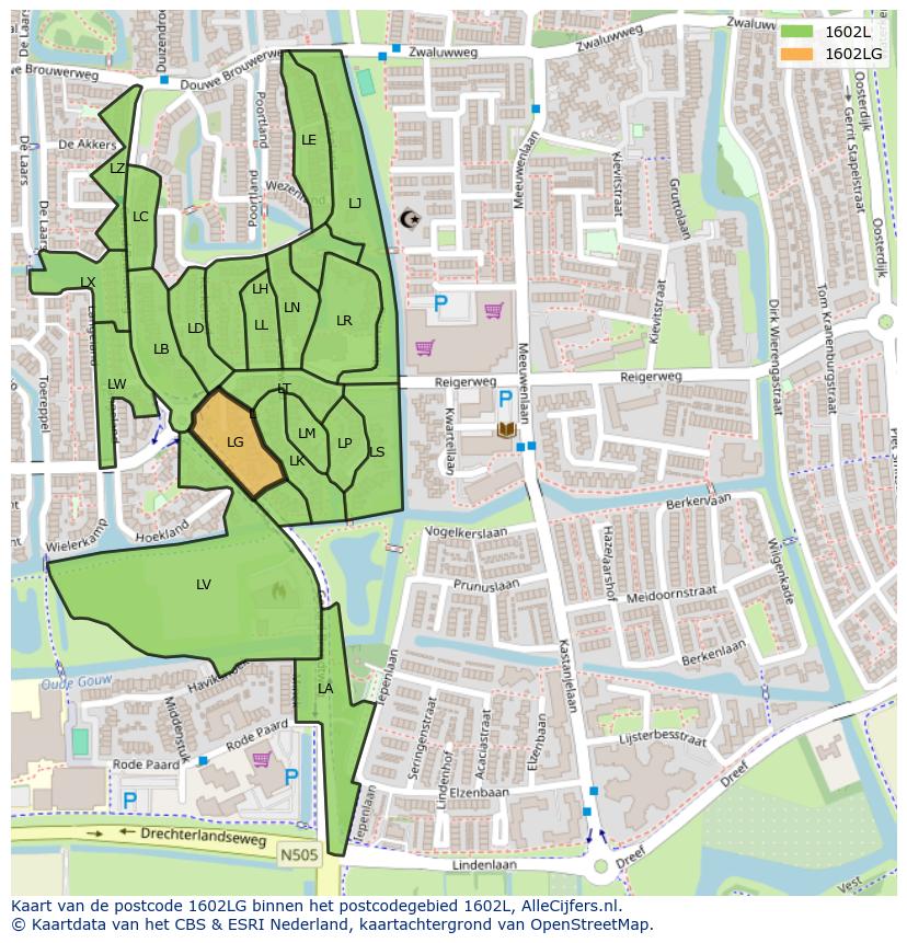 Afbeelding van het postcodegebied 1602 LG op de kaart.