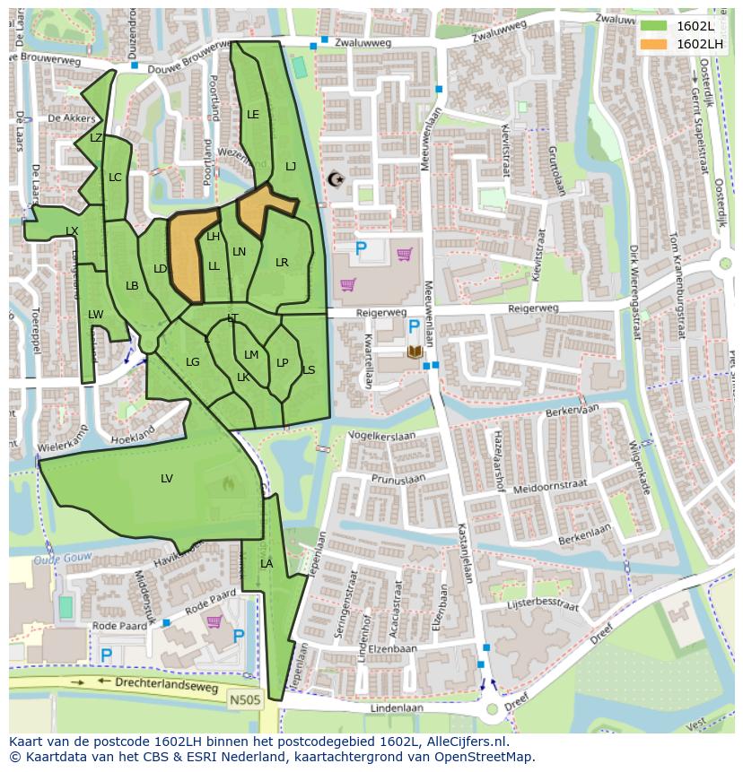 Afbeelding van het postcodegebied 1602 LH op de kaart.