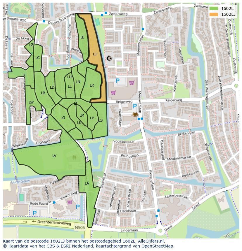 Afbeelding van het postcodegebied 1602 LJ op de kaart.