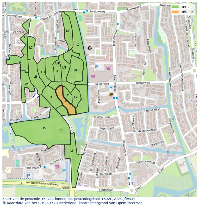 Afbeelding van het postcodegebied 1602 LK op de kaart.
