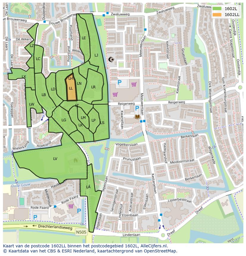 Afbeelding van het postcodegebied 1602 LL op de kaart.