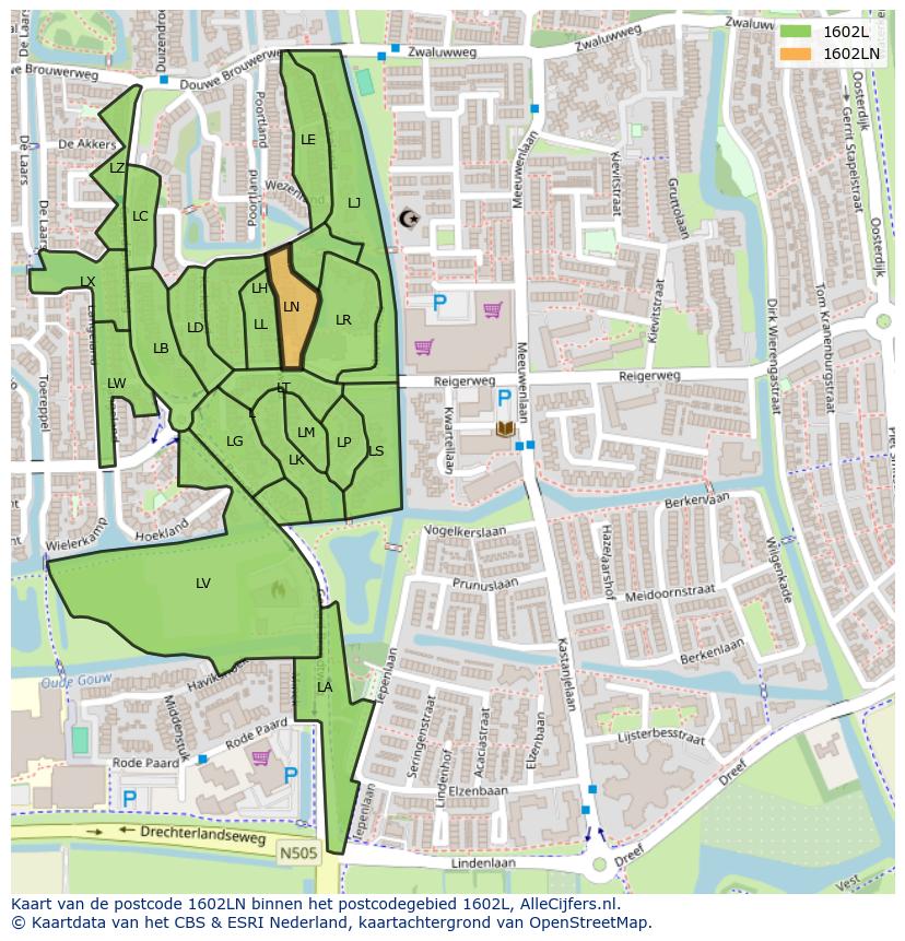 Afbeelding van het postcodegebied 1602 LN op de kaart.
