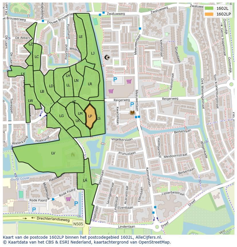 Afbeelding van het postcodegebied 1602 LP op de kaart.