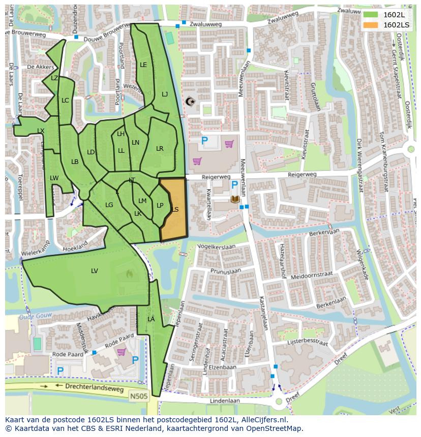 Afbeelding van het postcodegebied 1602 LS op de kaart.