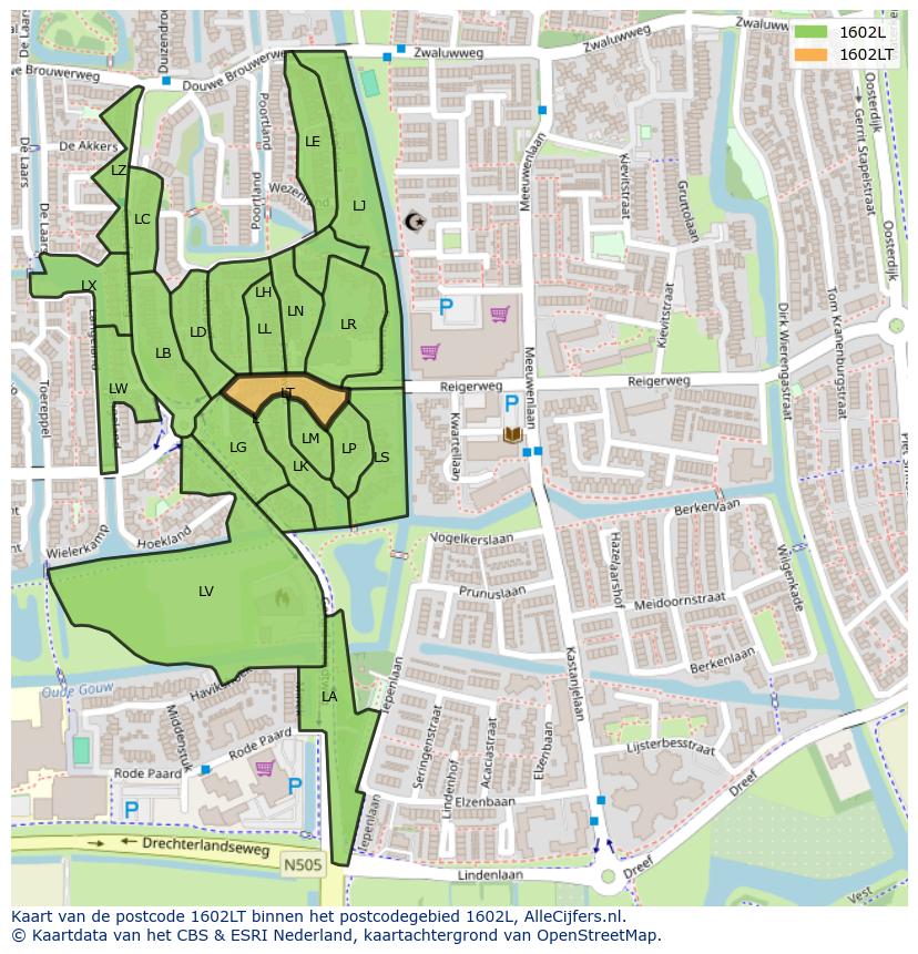 Afbeelding van het postcodegebied 1602 LT op de kaart.
