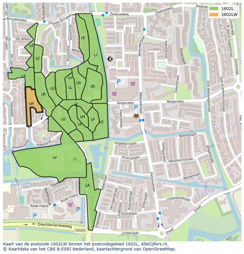Afbeelding van het postcodegebied 1602 LW op de kaart.