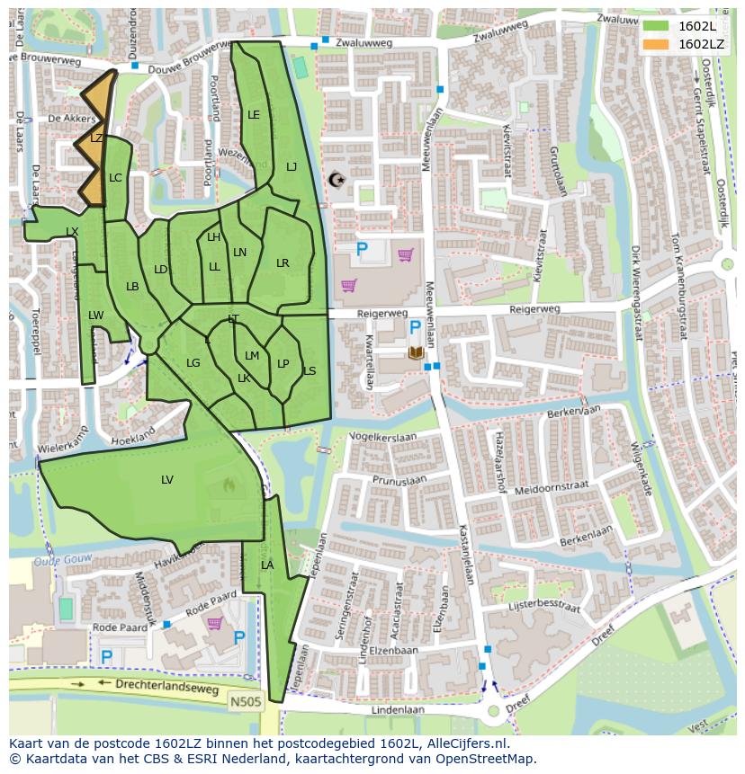 Afbeelding van het postcodegebied 1602 LZ op de kaart.