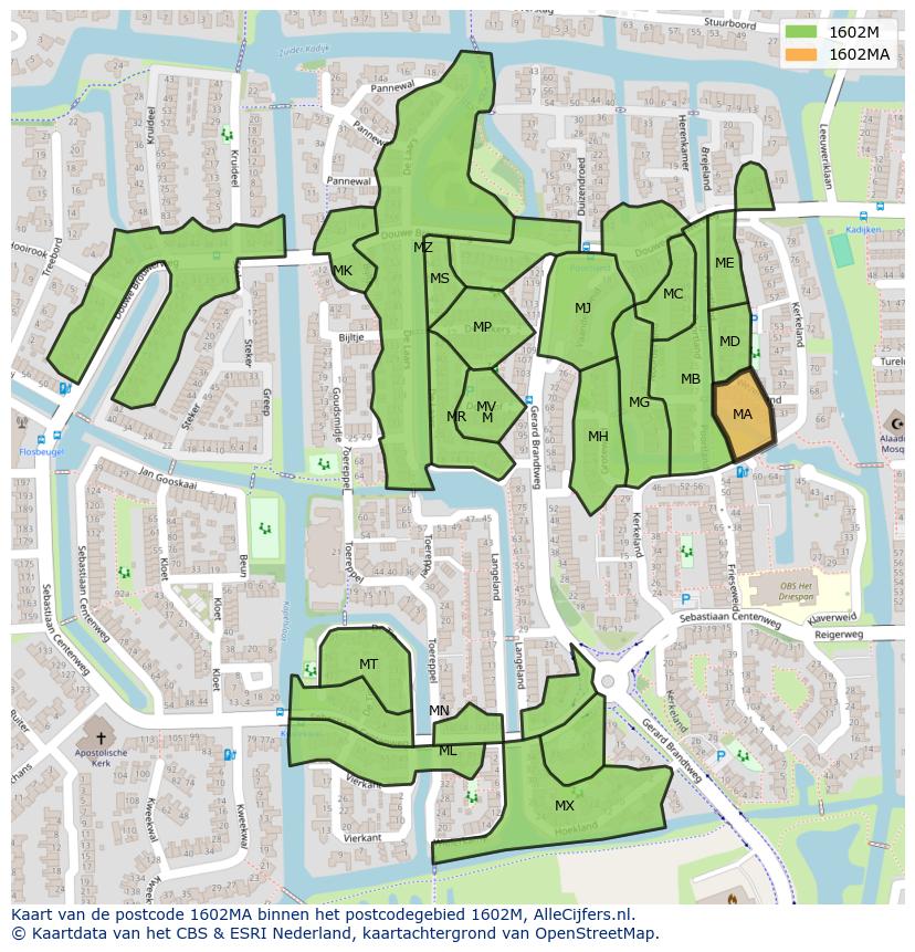 Afbeelding van het postcodegebied 1602 MA op de kaart.
