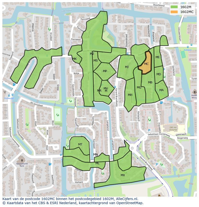 Afbeelding van het postcodegebied 1602 MC op de kaart.