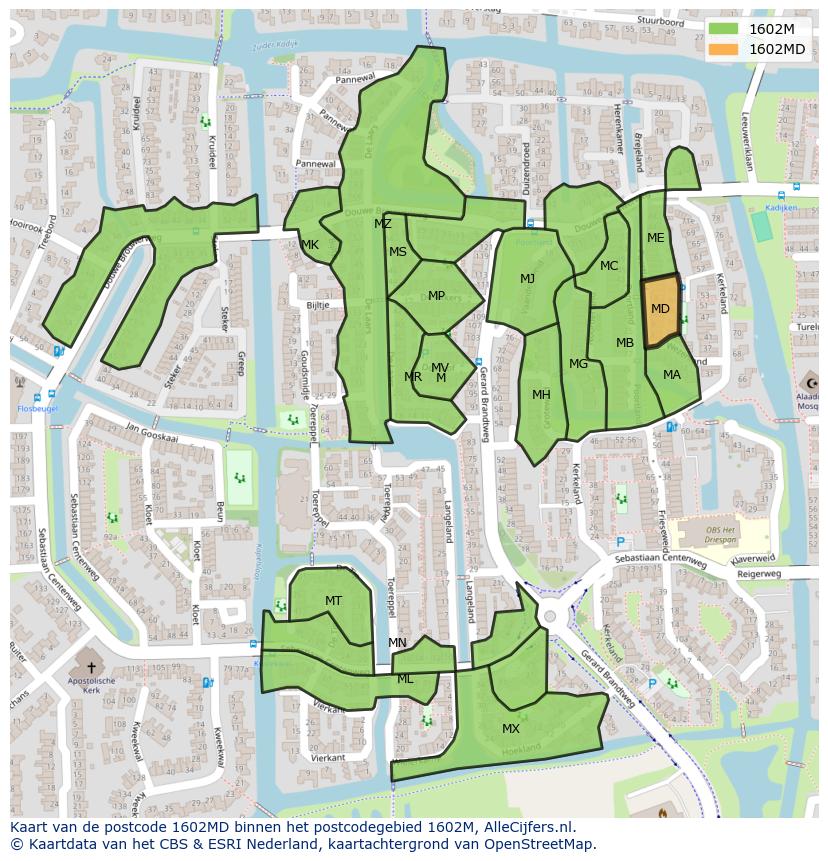Afbeelding van het postcodegebied 1602 MD op de kaart.