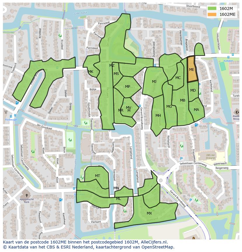 Afbeelding van het postcodegebied 1602 ME op de kaart.