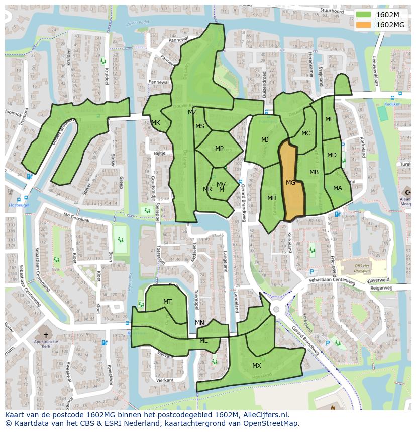 Afbeelding van het postcodegebied 1602 MG op de kaart.