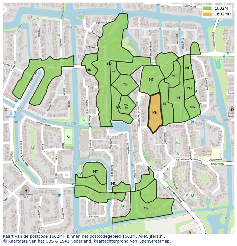 Afbeelding van het postcodegebied 1602 MH op de kaart.