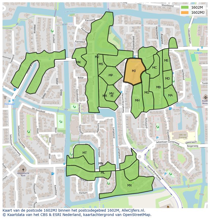 Afbeelding van het postcodegebied 1602 MJ op de kaart.