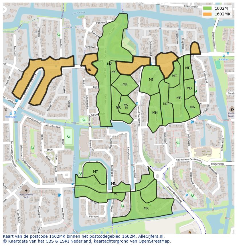 Afbeelding van het postcodegebied 1602 MK op de kaart.