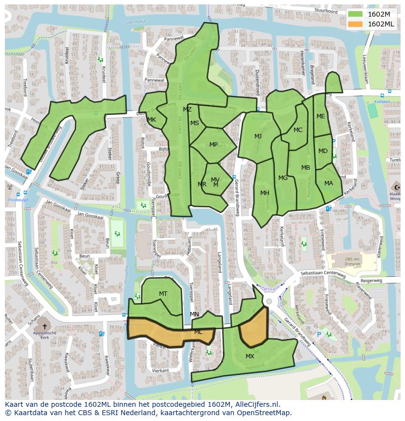 Afbeelding van het postcodegebied 1602 ML op de kaart.