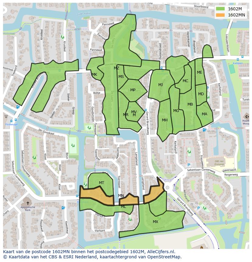Afbeelding van het postcodegebied 1602 MN op de kaart.