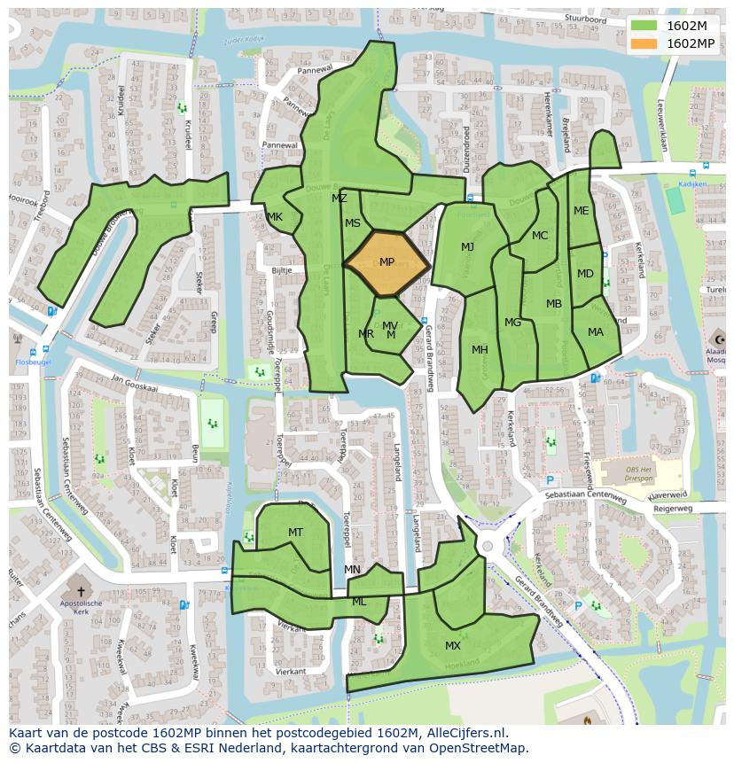 Afbeelding van het postcodegebied 1602 MP op de kaart.