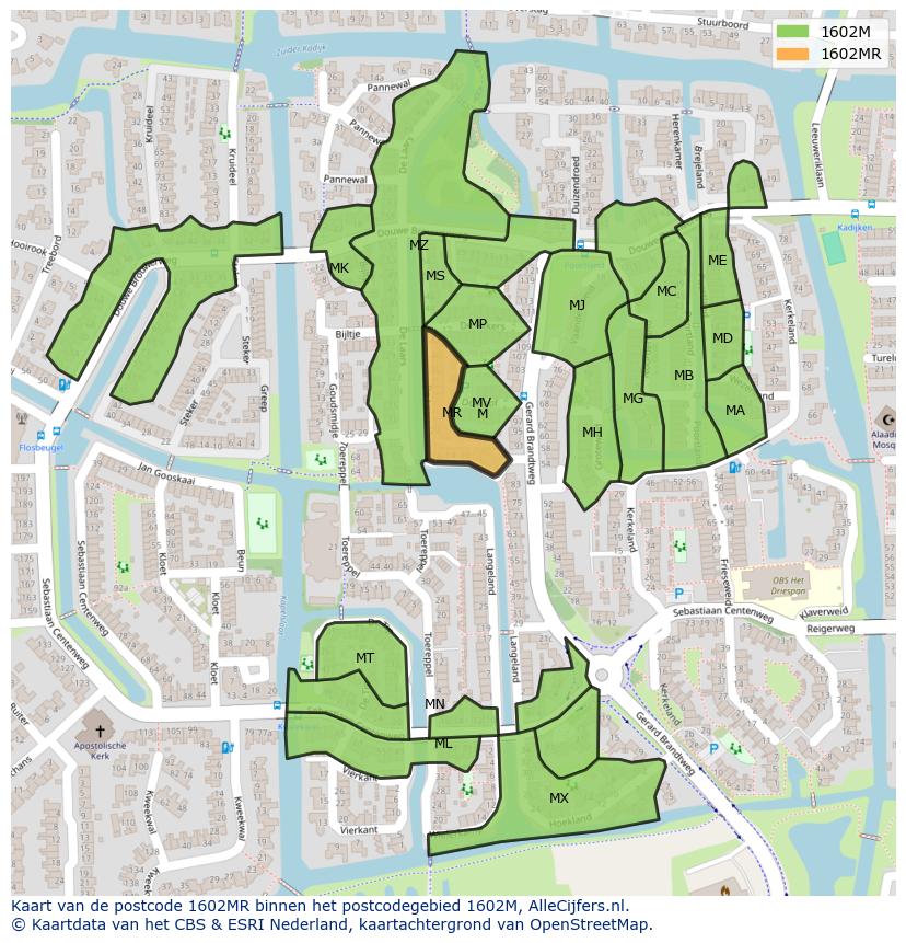 Afbeelding van het postcodegebied 1602 MR op de kaart.