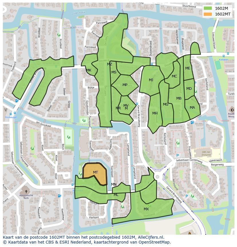 Afbeelding van het postcodegebied 1602 MT op de kaart.