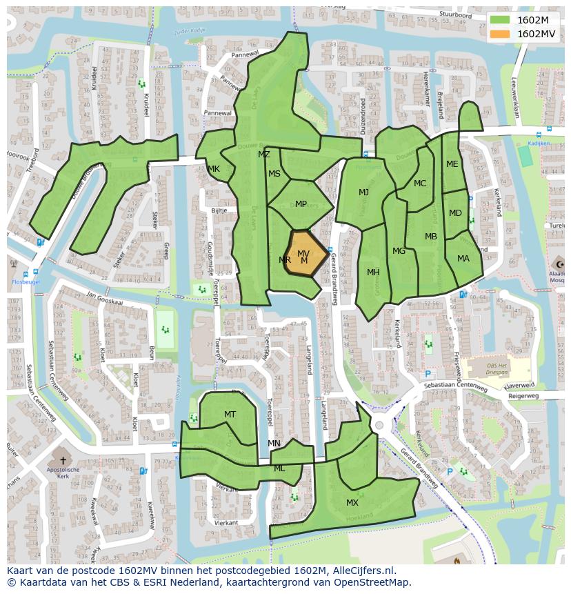 Afbeelding van het postcodegebied 1602 MV op de kaart.
