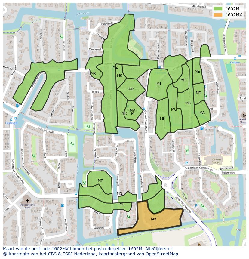 Afbeelding van het postcodegebied 1602 MX op de kaart.