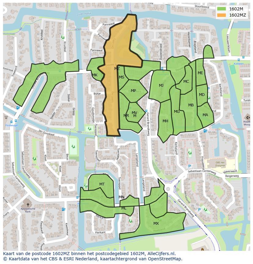 Afbeelding van het postcodegebied 1602 MZ op de kaart.