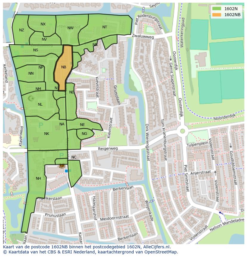 Afbeelding van het postcodegebied 1602 NB op de kaart.
