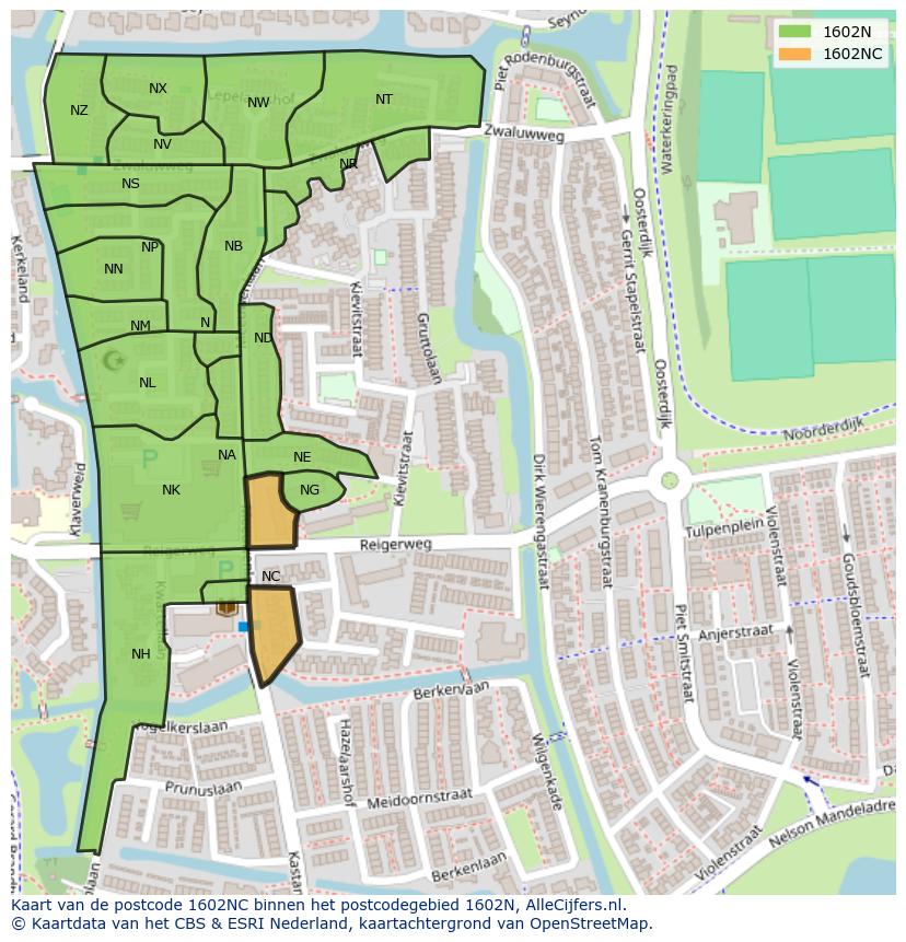 Afbeelding van het postcodegebied 1602 NC op de kaart.