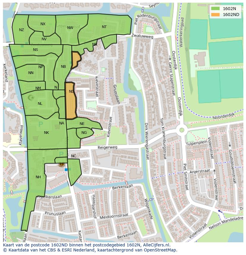Afbeelding van het postcodegebied 1602 ND op de kaart.