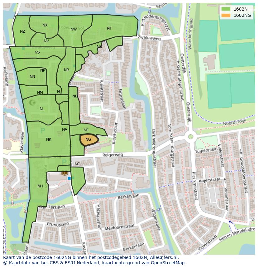 Afbeelding van het postcodegebied 1602 NG op de kaart.