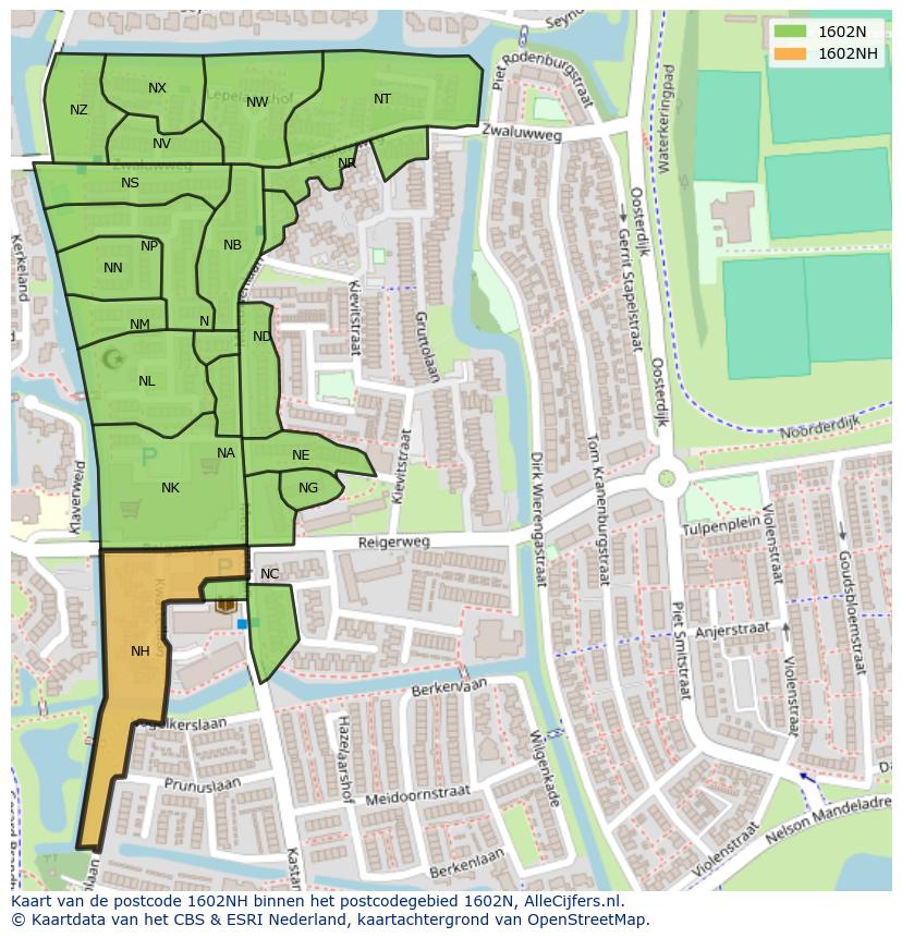 Afbeelding van het postcodegebied 1602 NH op de kaart.