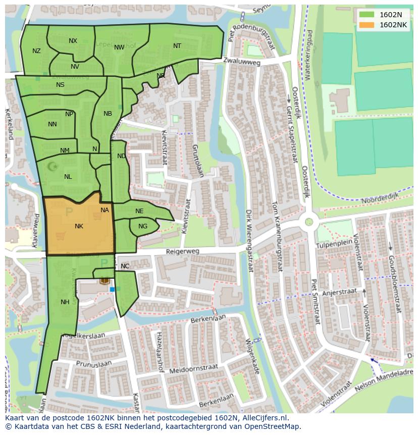 Afbeelding van het postcodegebied 1602 NK op de kaart.