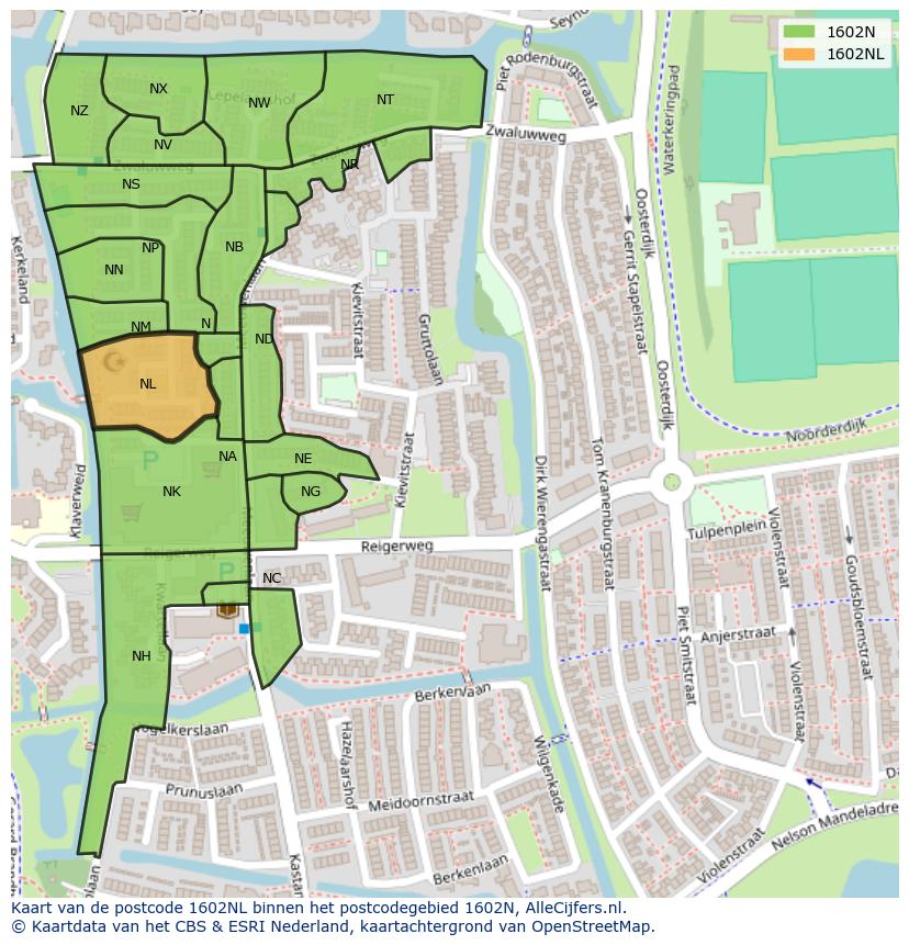 Afbeelding van het postcodegebied 1602 NL op de kaart.
