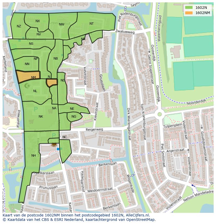 Afbeelding van het postcodegebied 1602 NM op de kaart.