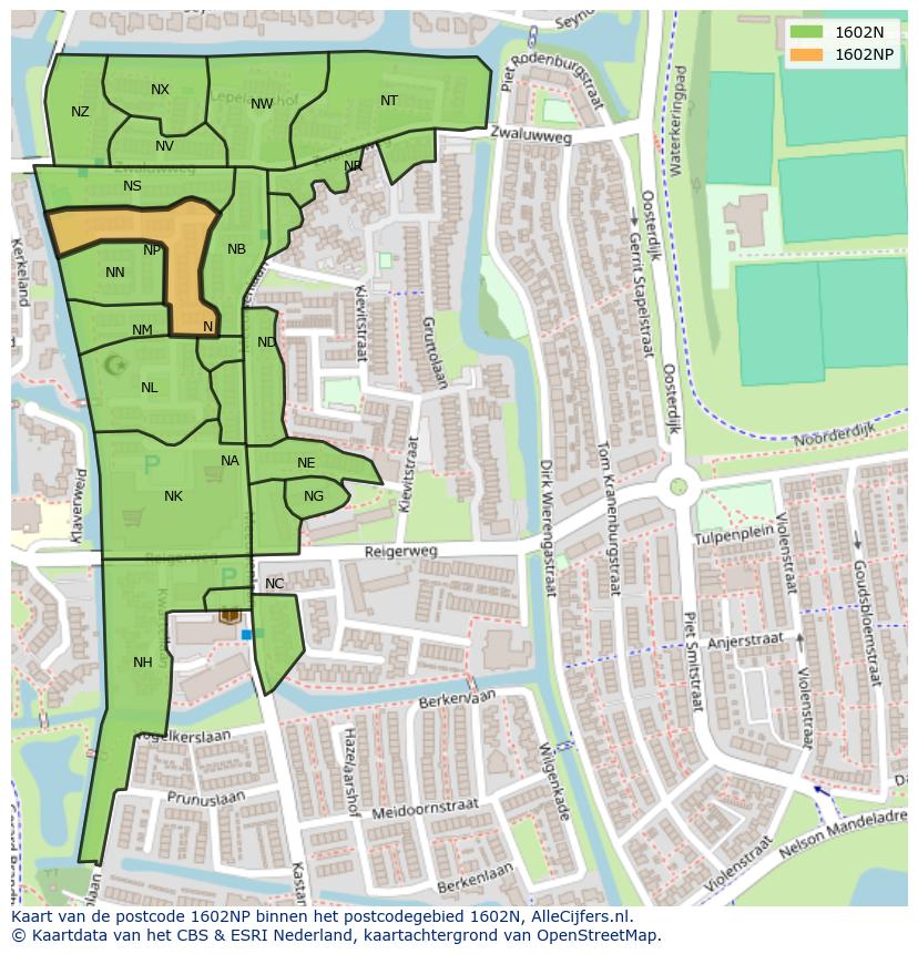 Afbeelding van het postcodegebied 1602 NP op de kaart.