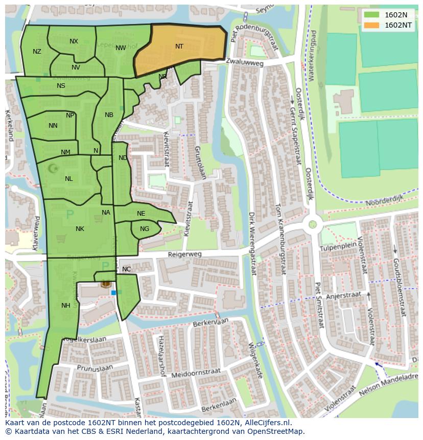 Afbeelding van het postcodegebied 1602 NT op de kaart.
