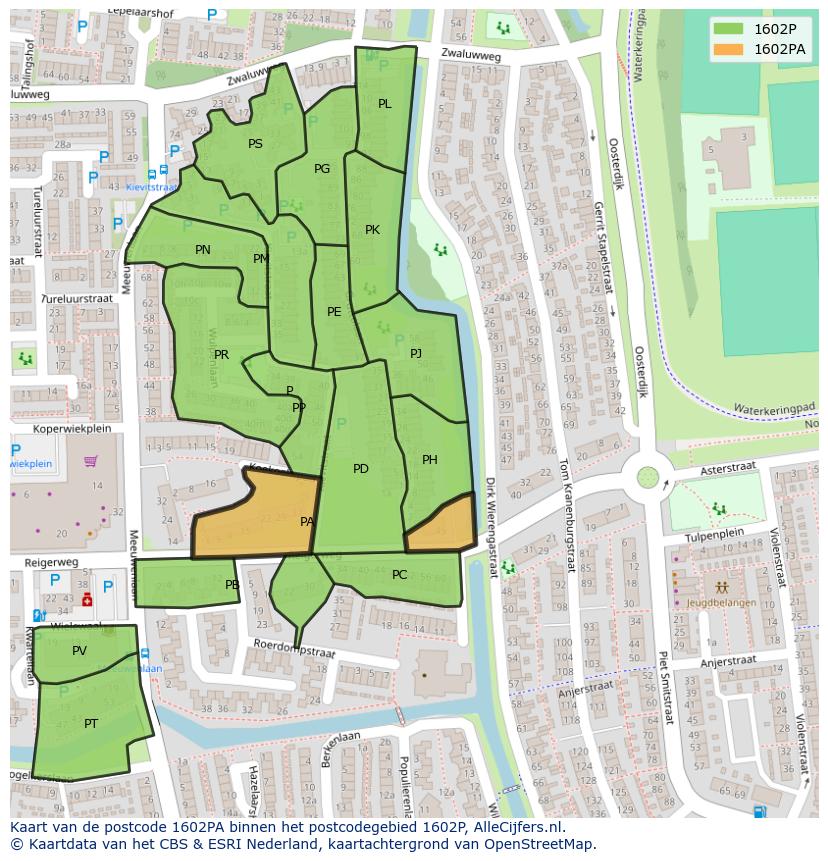Afbeelding van het postcodegebied 1602 PA op de kaart.
