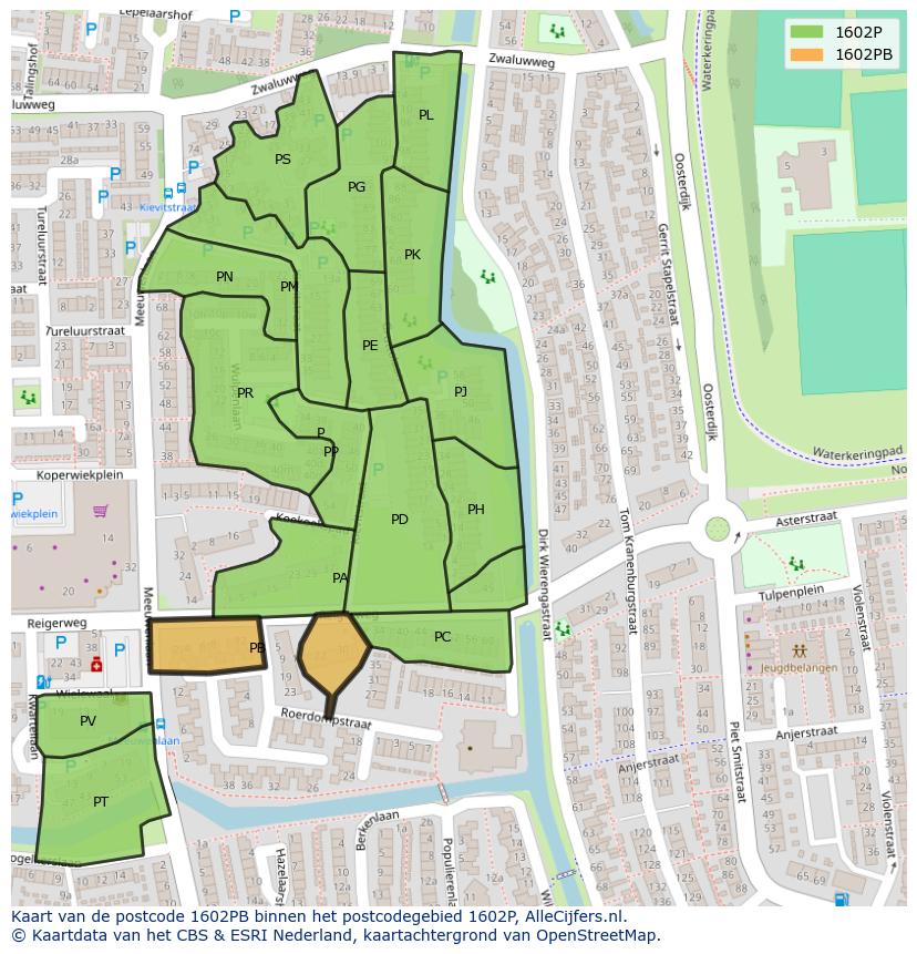 Afbeelding van het postcodegebied 1602 PB op de kaart.