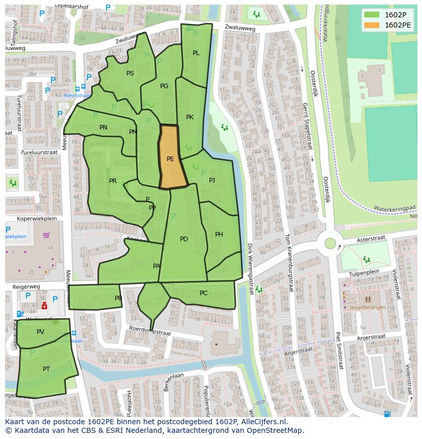 Afbeelding van het postcodegebied 1602 PE op de kaart.