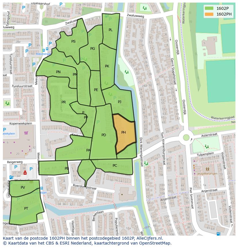 Afbeelding van het postcodegebied 1602 PH op de kaart.