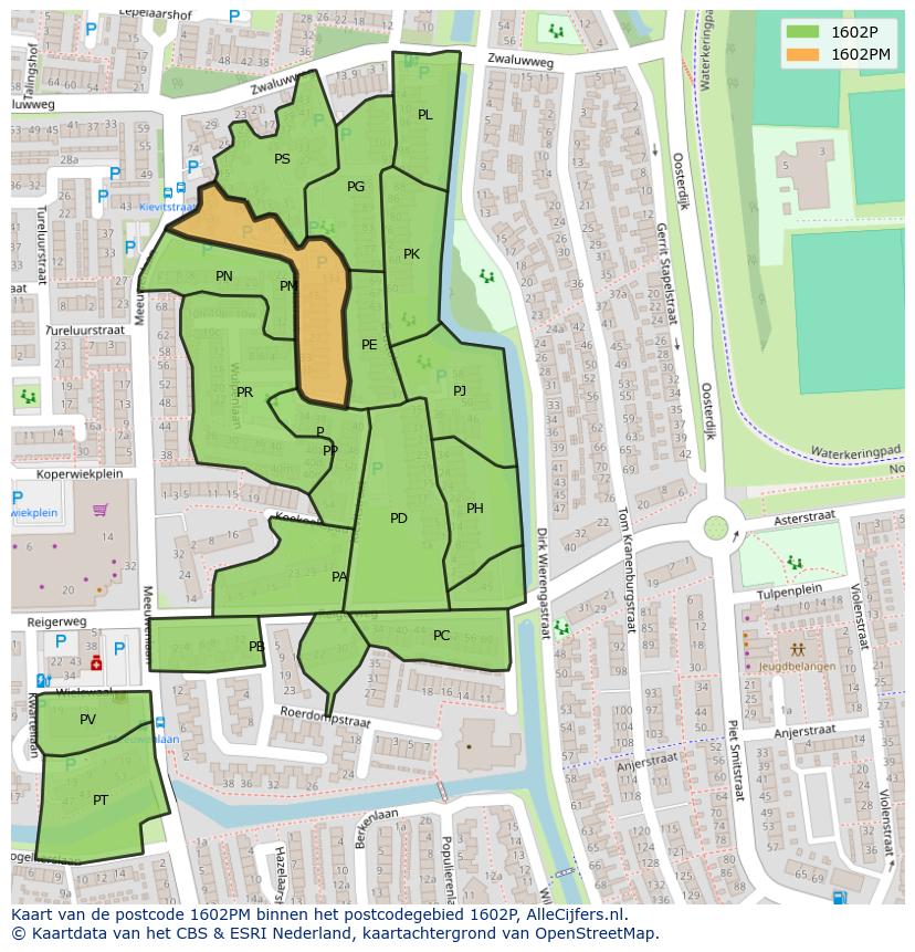 Afbeelding van het postcodegebied 1602 PM op de kaart.