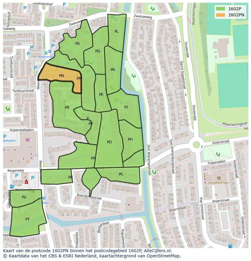 Afbeelding van het postcodegebied 1602 PN op de kaart.