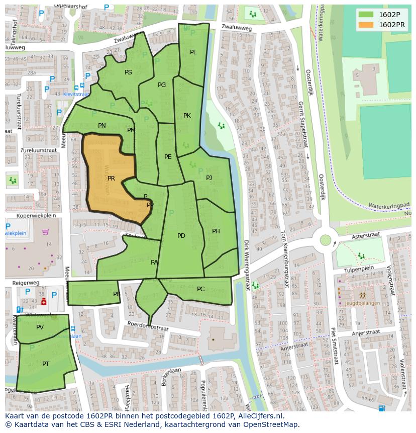 Afbeelding van het postcodegebied 1602 PR op de kaart.